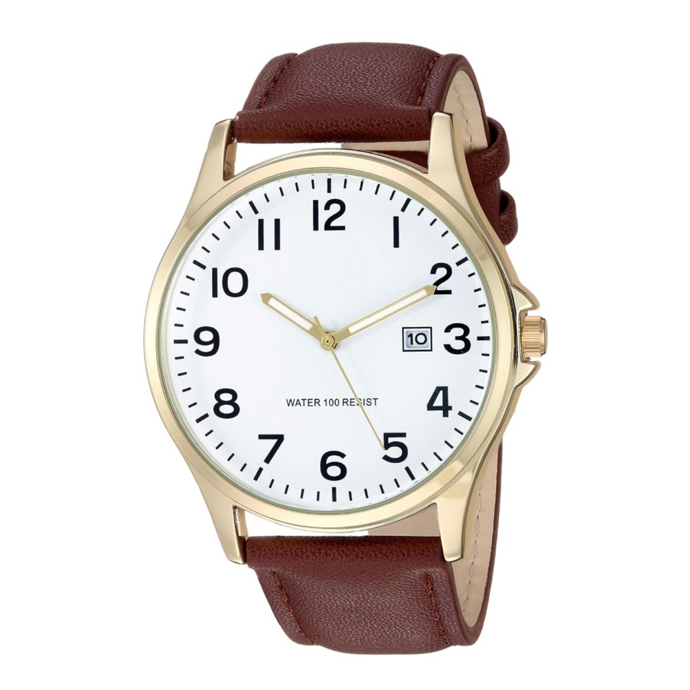 Men's Easy to Read Strap Watch - Brown & Gold w/ Leather Strap